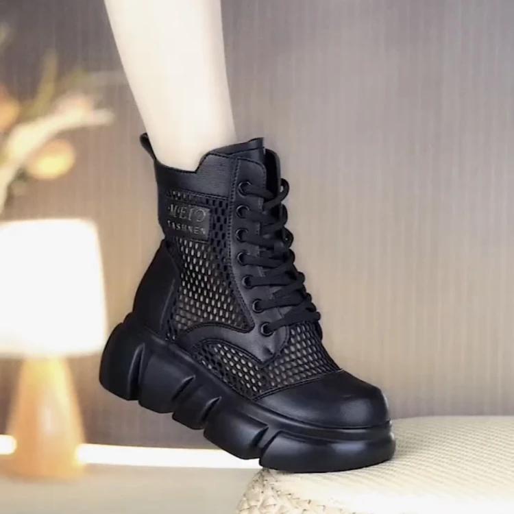 真皮厚底网纱马丁靴女2025春夏新款薄款时尚镂空透气增高短筒凉靴