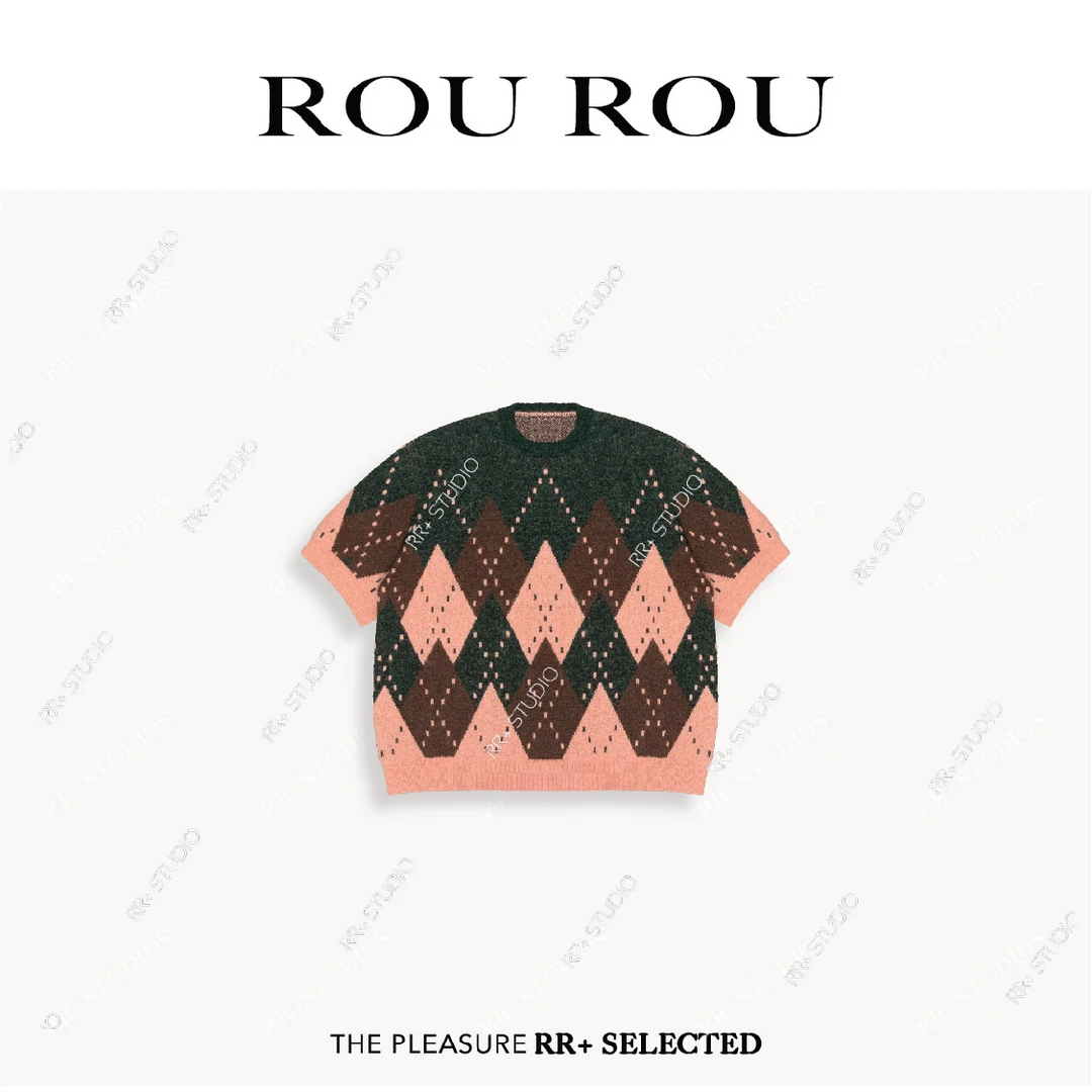 22717复古撞色菱格圣诞毛衣女秋冬慵懒感软糯短袖针织衫