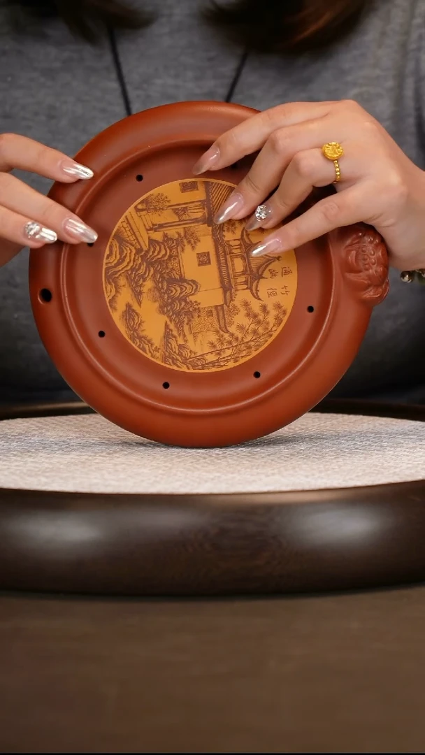 紫砂朱泥粉浆山水壶承