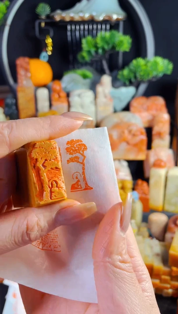 老挝石印石手工篆刻《菩提树下佛造像》1.5*3木纹