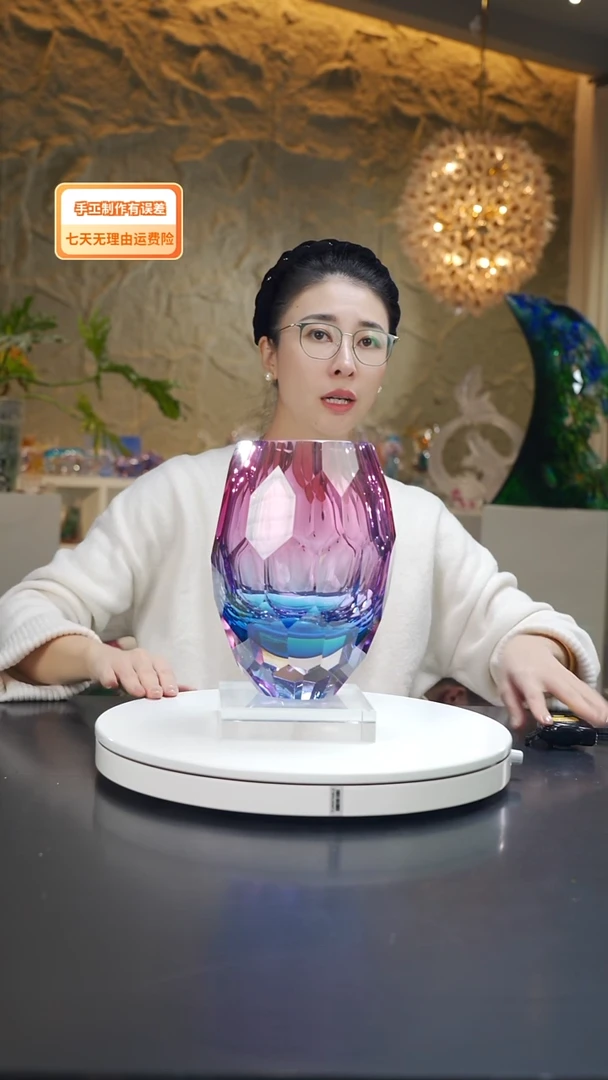 手工艺品琉璃金红蓝切面花器小号