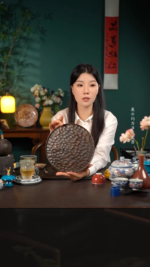 陶瓷周边大漆圆茶盘龙鳞纹有钉直径23