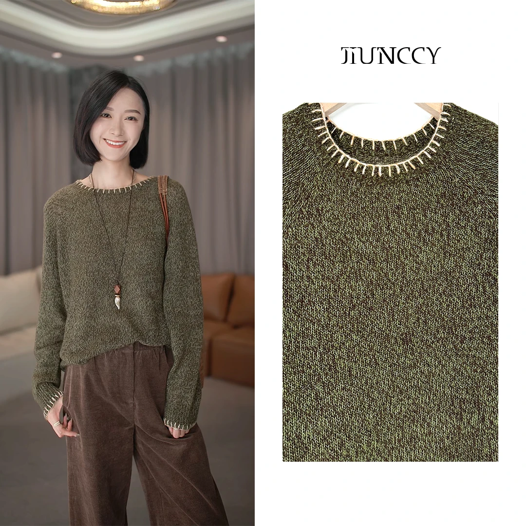 JIUNCCY【森谷】羊绒羊毛混纺花纱撞色手工勾边针织毛衣 52YZZ123