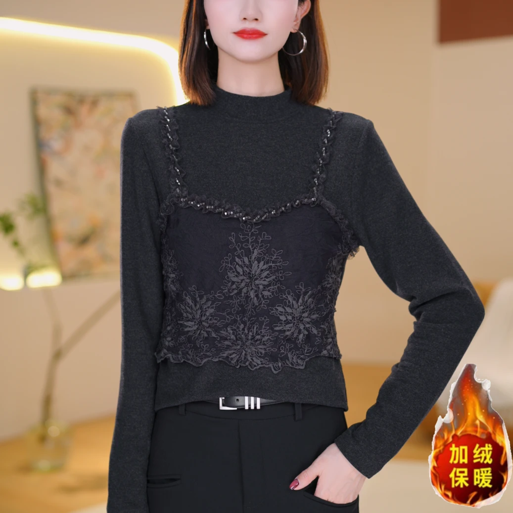 气质优雅冬季新款拼接长袖碎花圆领短袖T恤打底衫百搭洋气7225