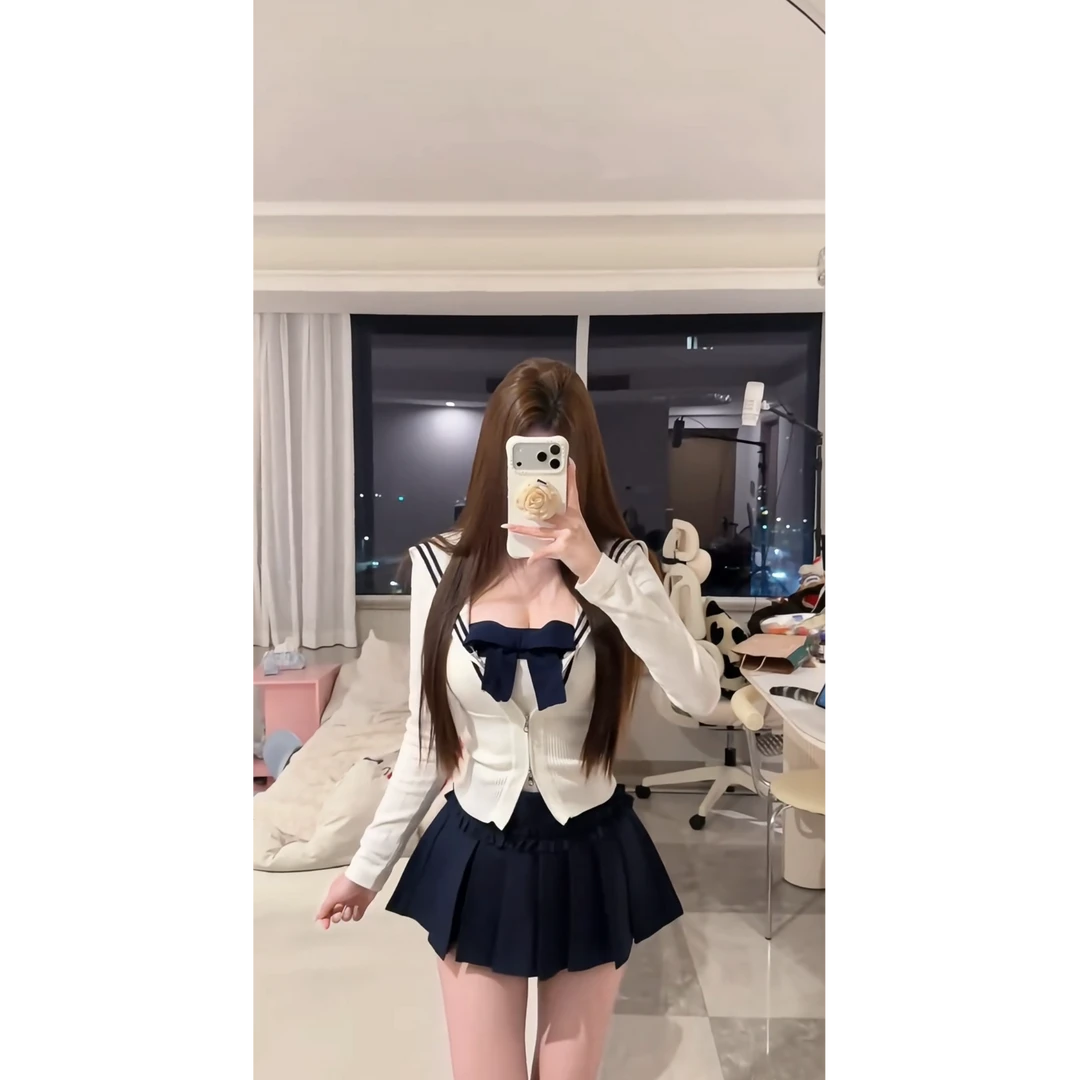 纯欲辣妹海军领针织弹力开衫抹胸蝴蝶结上衣女显瘦百褶短裙两件套