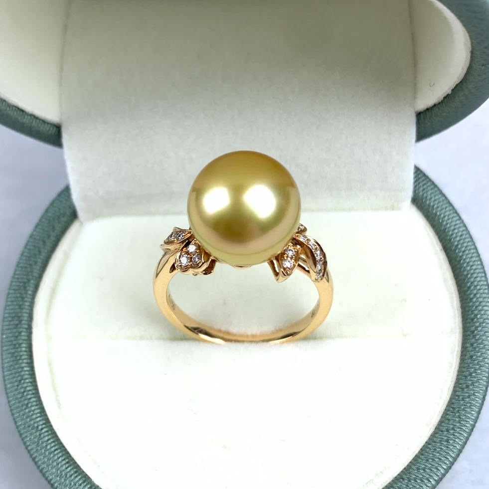 【限定孤品】海水珍珠南洋金珠戒指11-12mm正圆18K金镶钻送人礼物