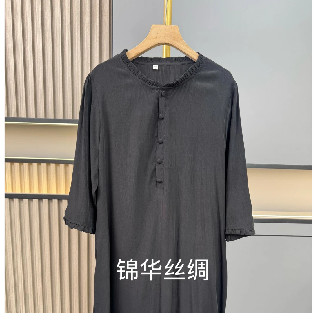 新款中长款领口木耳边休闲时尚纽扣连衣裙3009