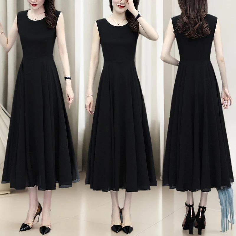 2025年夏季新款大码黑色无袖气质收腰显瘦大摆子女连衣裙