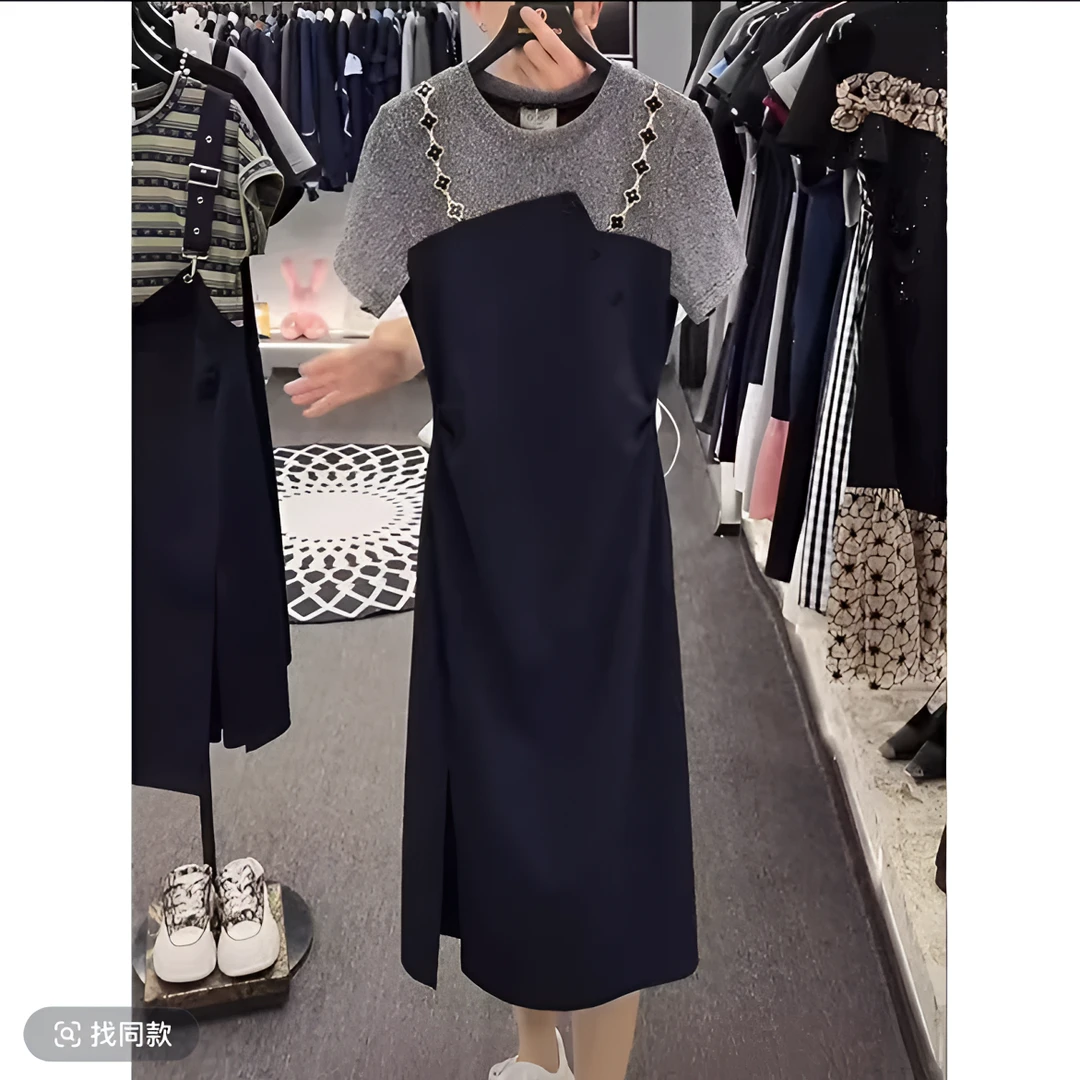 2025夏季假两件设计感收腰连衣裙显瘦爆闪双肩设计开叉连衣裙