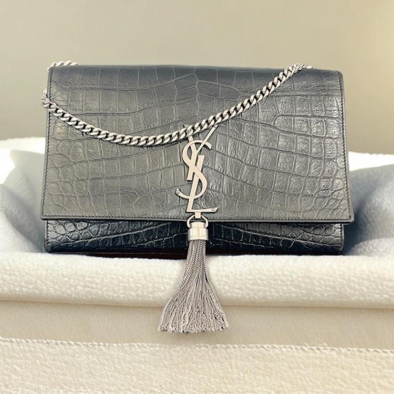 95新 YSL/圣罗兰  黑色鳄压流苏链条包  1793 1765