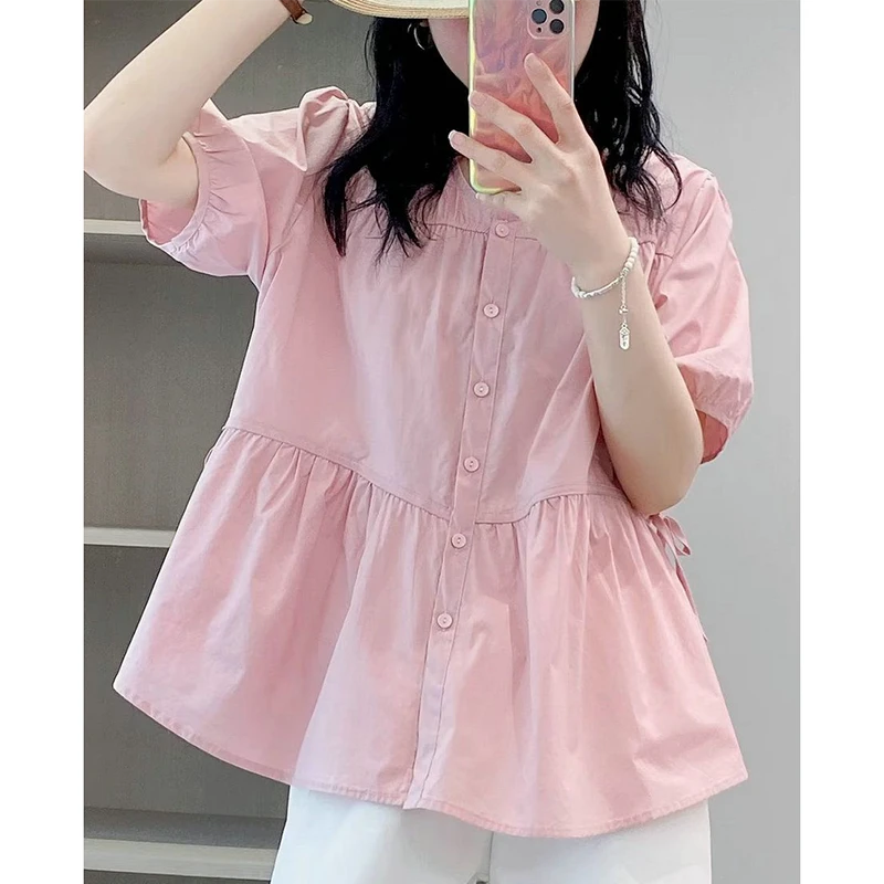 宽松显瘦短袖衬衫女2025夏季新款气质减龄娃娃衫清