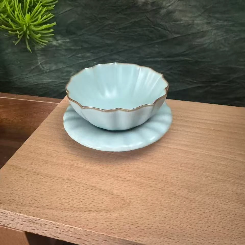 【大咖小魏上新】【天青】【汝窑荷韵杯+碟】