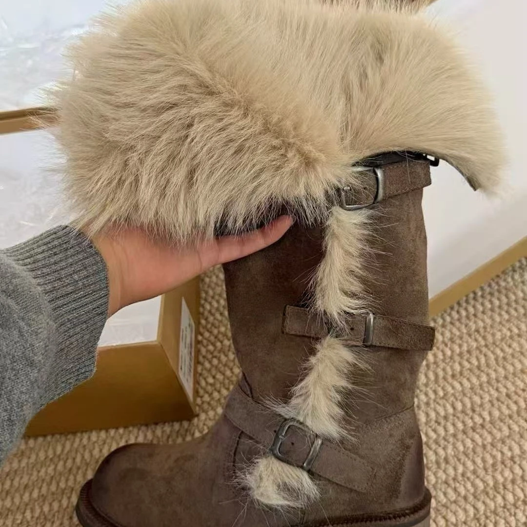 乌托邦长筒雪地靴女款2025冬季新款俄式高筒帕扣厚绒时尚保暖棉鞋