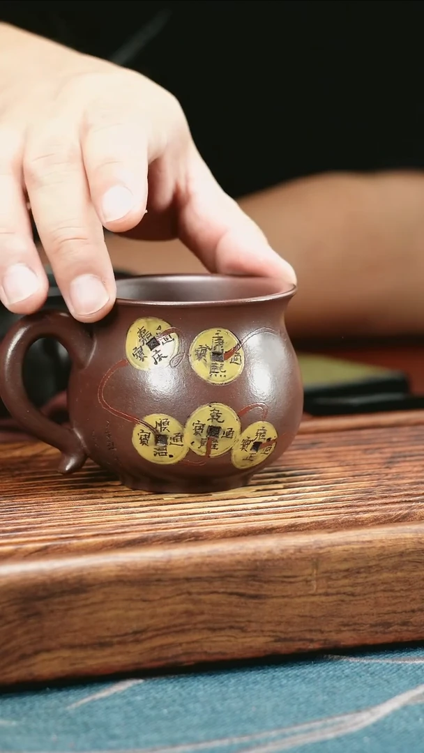 茶杯紫砂石红把手杯