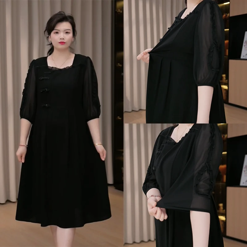 胖依依大码女装2025夏季显瘦气质短袖时尚黑色中长款连衣裙ZB6833