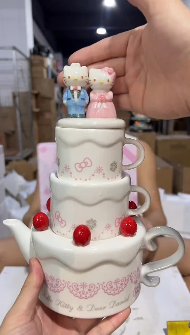 瓷片原盒结婚kt猫蛋糕茶壶