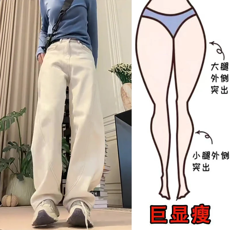 冬季新款美式时尚简约线条加绒通勤风遮肉显瘦高腰宽松阔腿牛仔裤