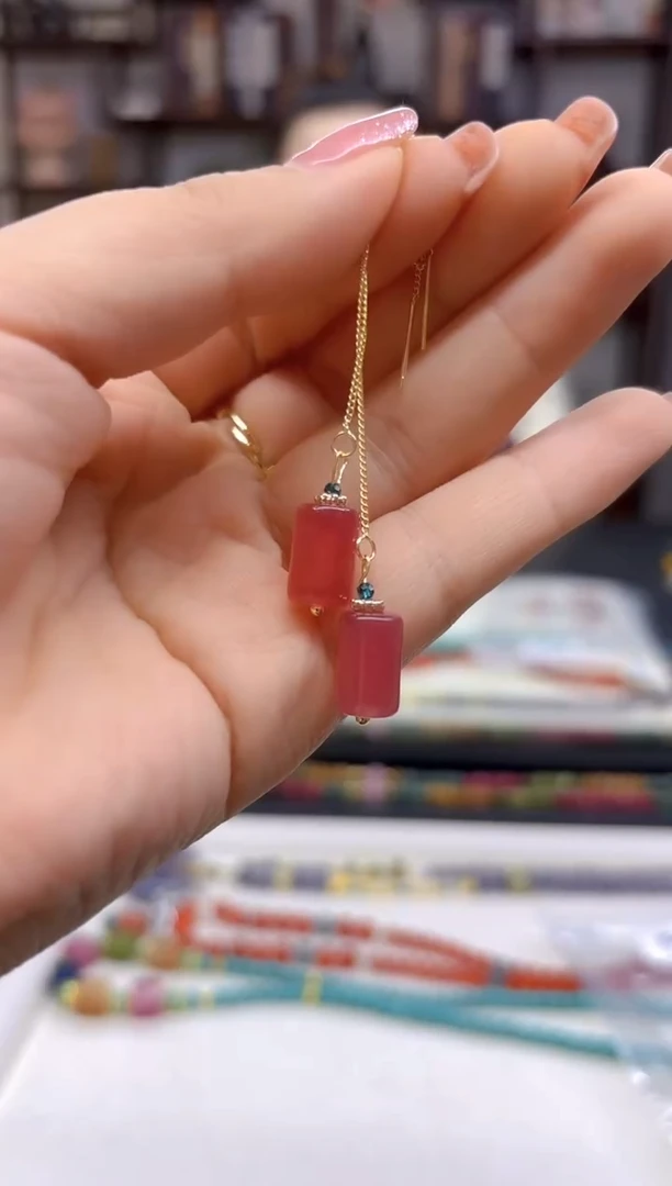 【闪购商品】西瓜碧玺耳饰银S925镀金镶嵌E708