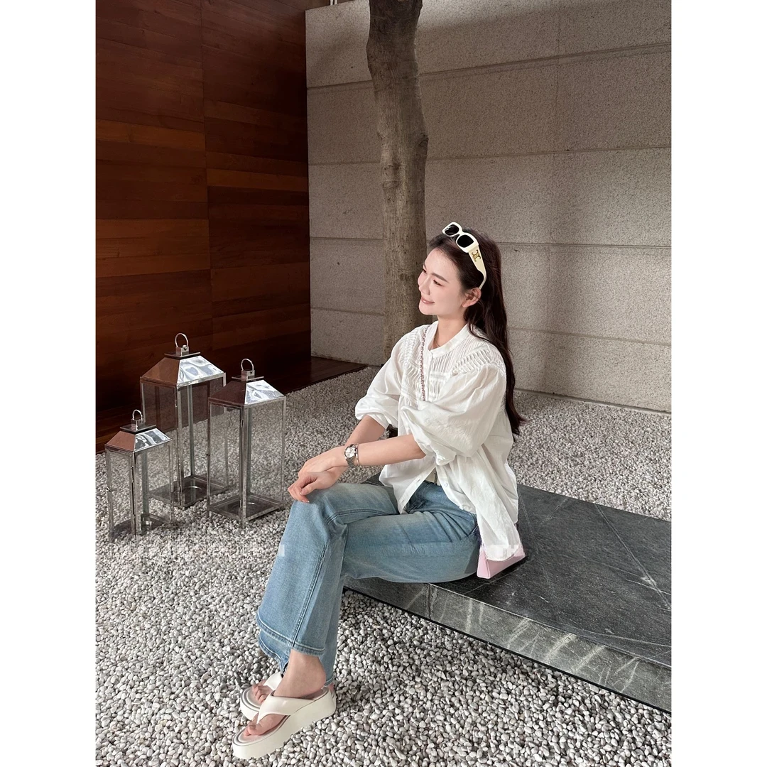 白茉莉~春夏重工风琴褶宽松圆领衬衫小众设计时尚气质显瘦高级感