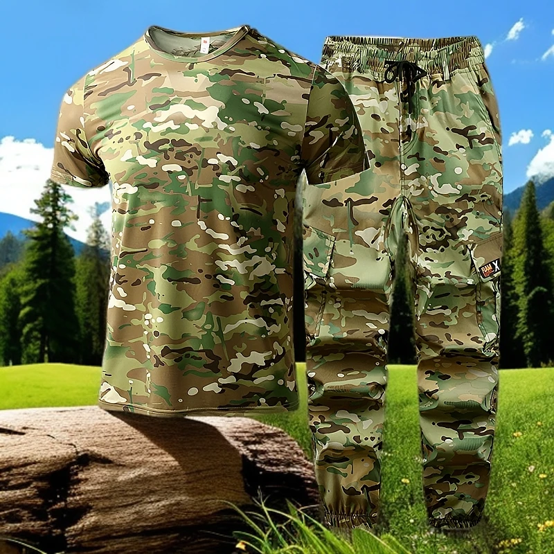 夏季迷彩t恤套装舒适弹力户外时尚半袖套装透气凉爽户外运动休闲