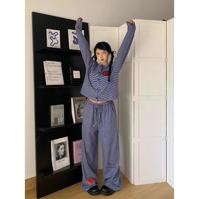 【条纹蝴蝶结】韩系甜美长袖睡衣女春秋新款宽松舒适长裤家居服套装