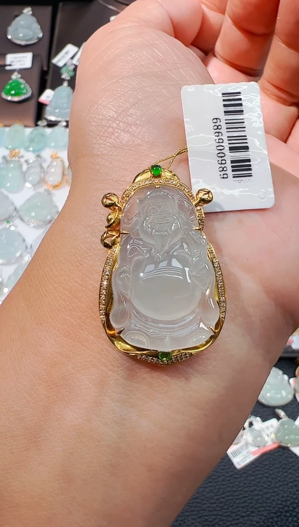 吊坠(不含链)18K金镶嵌翡翠财神爷吊坠989