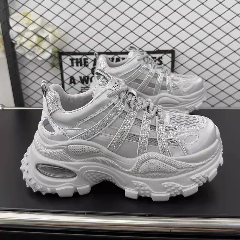 个子真皮老爹鞋女2025新款夏季透气网面厚底增高百搭运动休闲鞋」