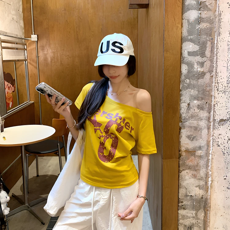 2025夏季新款美式复古斜肩字母印花辣妹显瘦短袖上衣T桖女ins