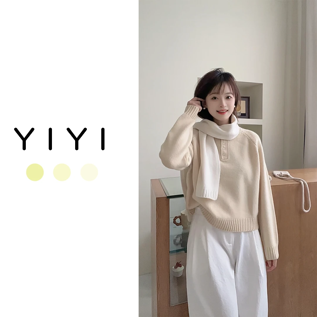 【YiYi】韩版厚款全羊毛圆领纯色套头百搭长袖针织衫