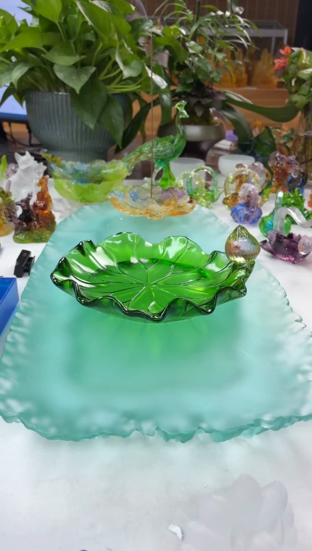 手工艺品琉璃绿色壶承果盘17公分