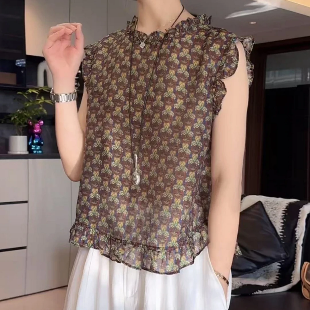 女木耳女装成人气质无袖碎花法式上衣衬衫夏季洋气