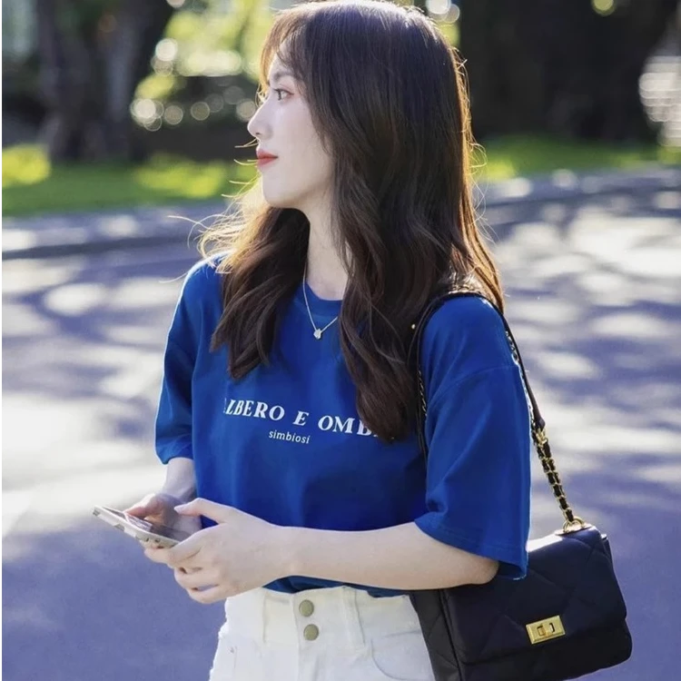 克莱因蓝色纯棉短袖T恤女时尚百搭白色上衣体恤内搭打底衫春夏季