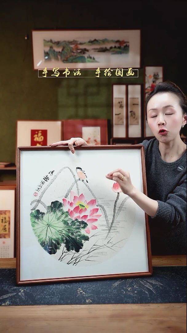 书法CL荷花-单只鸟52×52㎝手绘实木