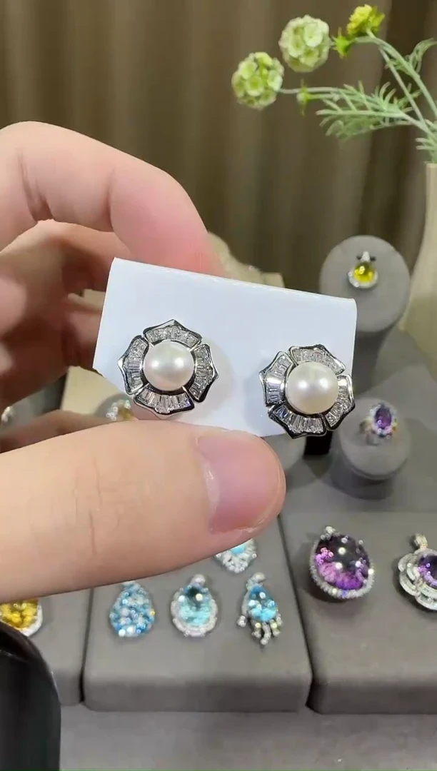 银S925镶嵌淡水珍珠耳饰7mm耳钉