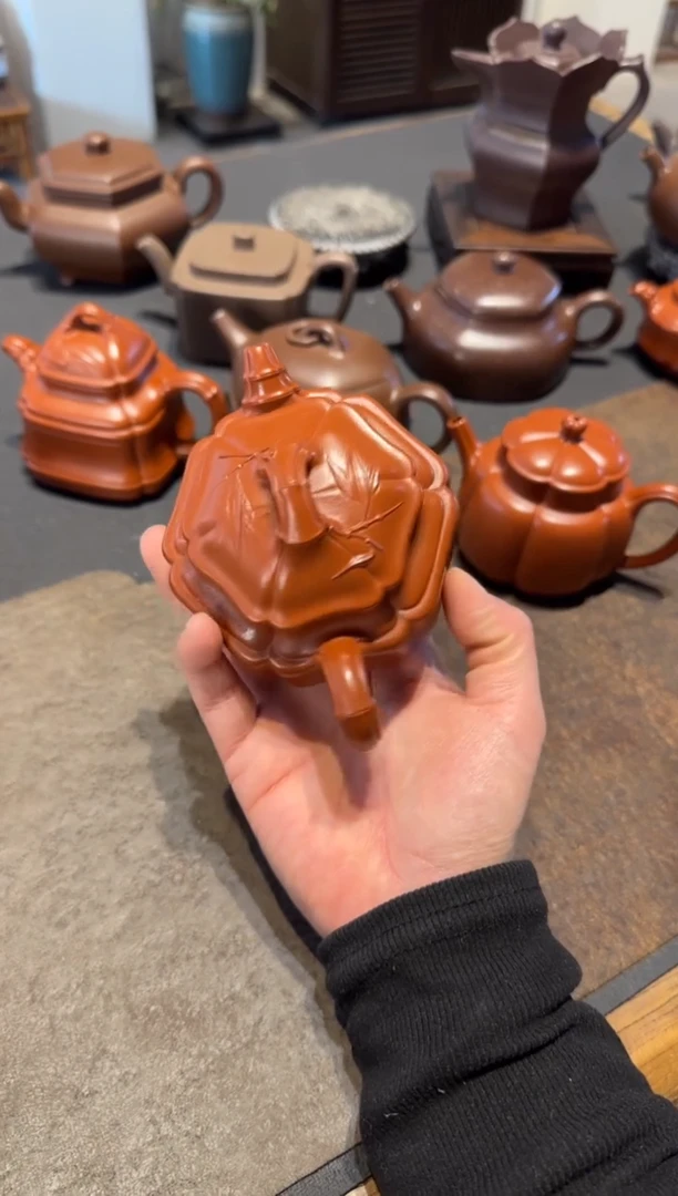 【闪购商品】紫砂茶壶六方海棠双线竹鼓