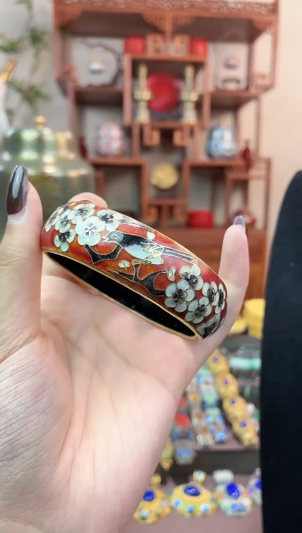 非遗手工景泰蓝开口银蓝镯子红色