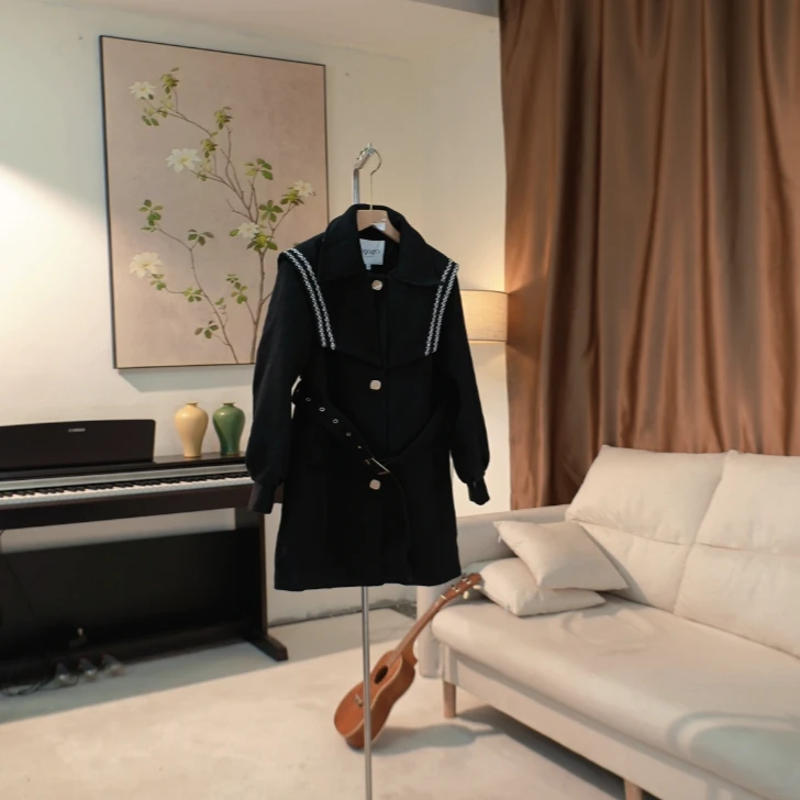 G028 设计师款中长款绵羊毛黑色毛呢大衣女 73XC42