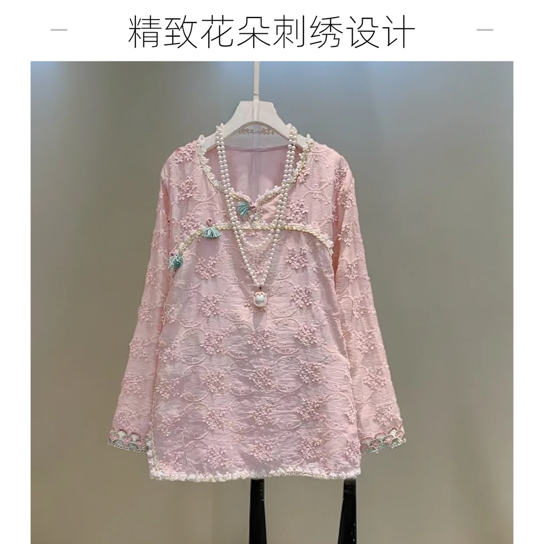妍旭2025新款大码宽松复古国风流苏提花刺绣绣花衬衫5113