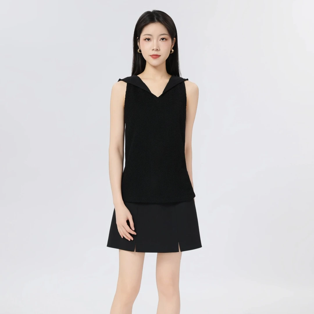 AMASS/阿玛施早春新款气质无袖连帽上衣时尚百搭简约背心5301111