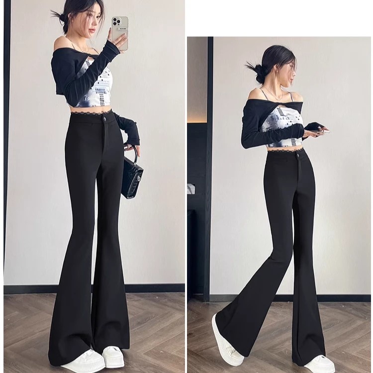 黑色西装裤女春季2025新款蕾丝拼接微喇叭裤高腰弹力拖地马蹄裤