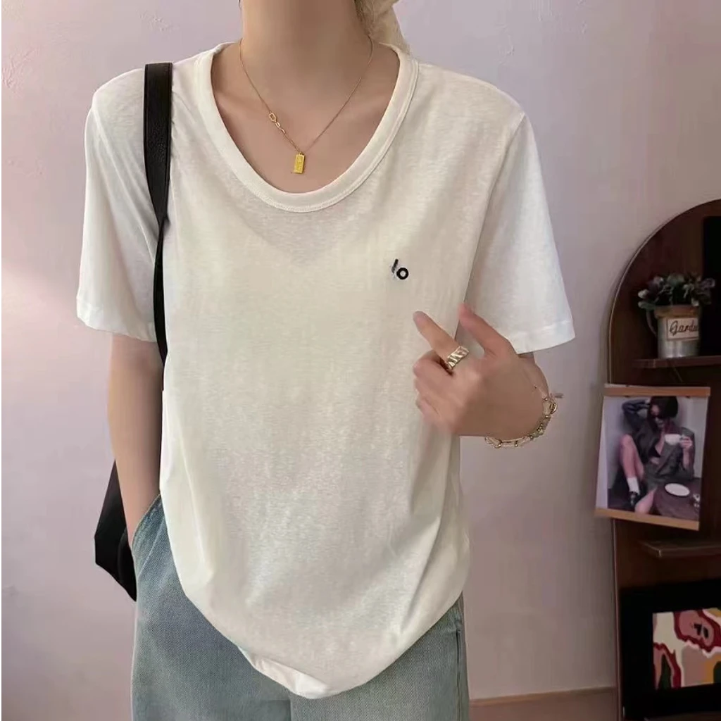 时尚休闲百搭夏季宽松圆领显瘦打底女士半袖简约纯色设计感韩版