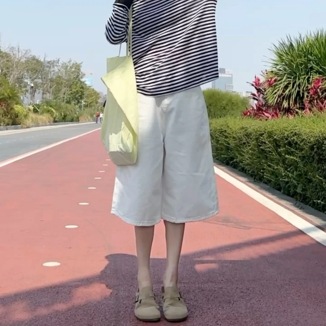 美式高街复古阔腿牛仔裤女夏季高腰水洗宽松显瘦百搭直筒七分裤子