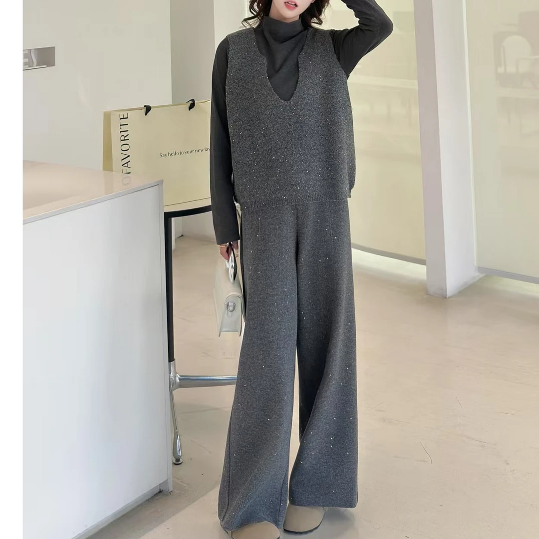 亮片针织背心长袖打底阔腿裤三件套02336.(衣长55/60裤长100)