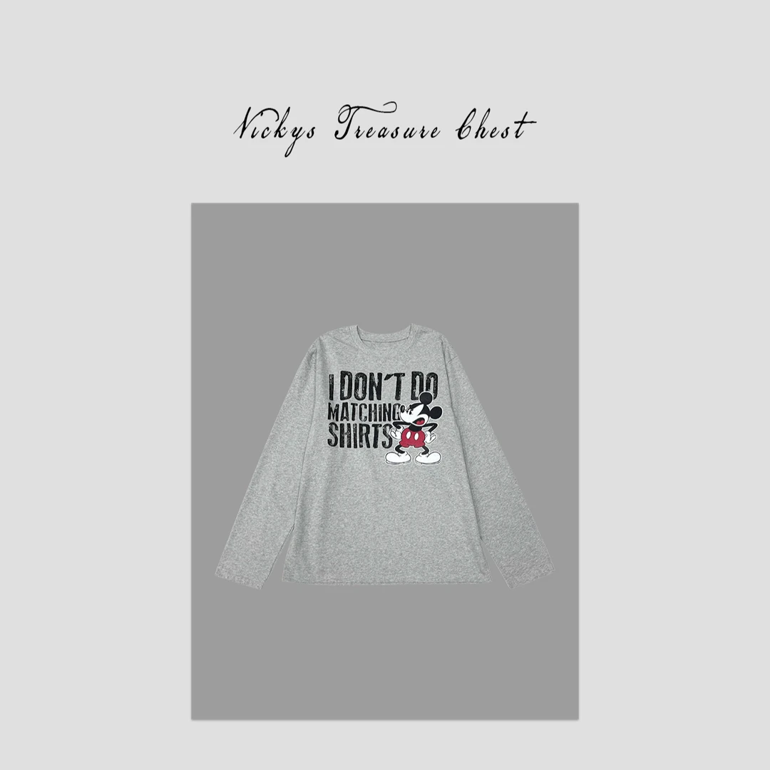 秋冬穿搭 愤怒米奇卡通字母印花休闲宽松百搭圆领长袖T恤7141