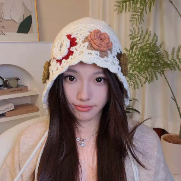 Aria纯手工立体钩花彩色流苏帽 氛围感显脸小百搭秋冬保暖帽