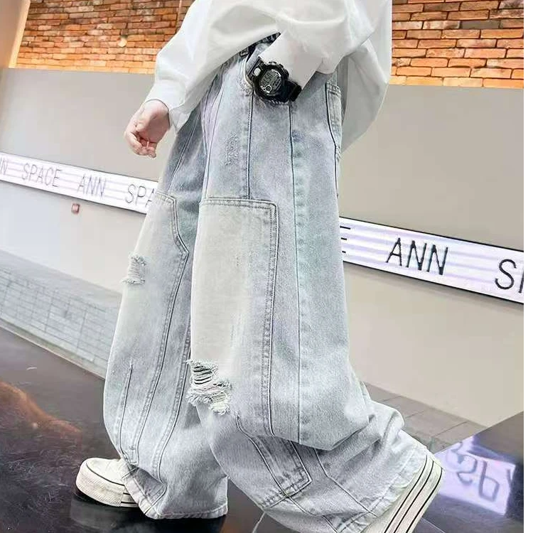 男童破洞牛仔裤春秋款2025大气儿童春装宽松直筒裤子男孩休闲裤潮