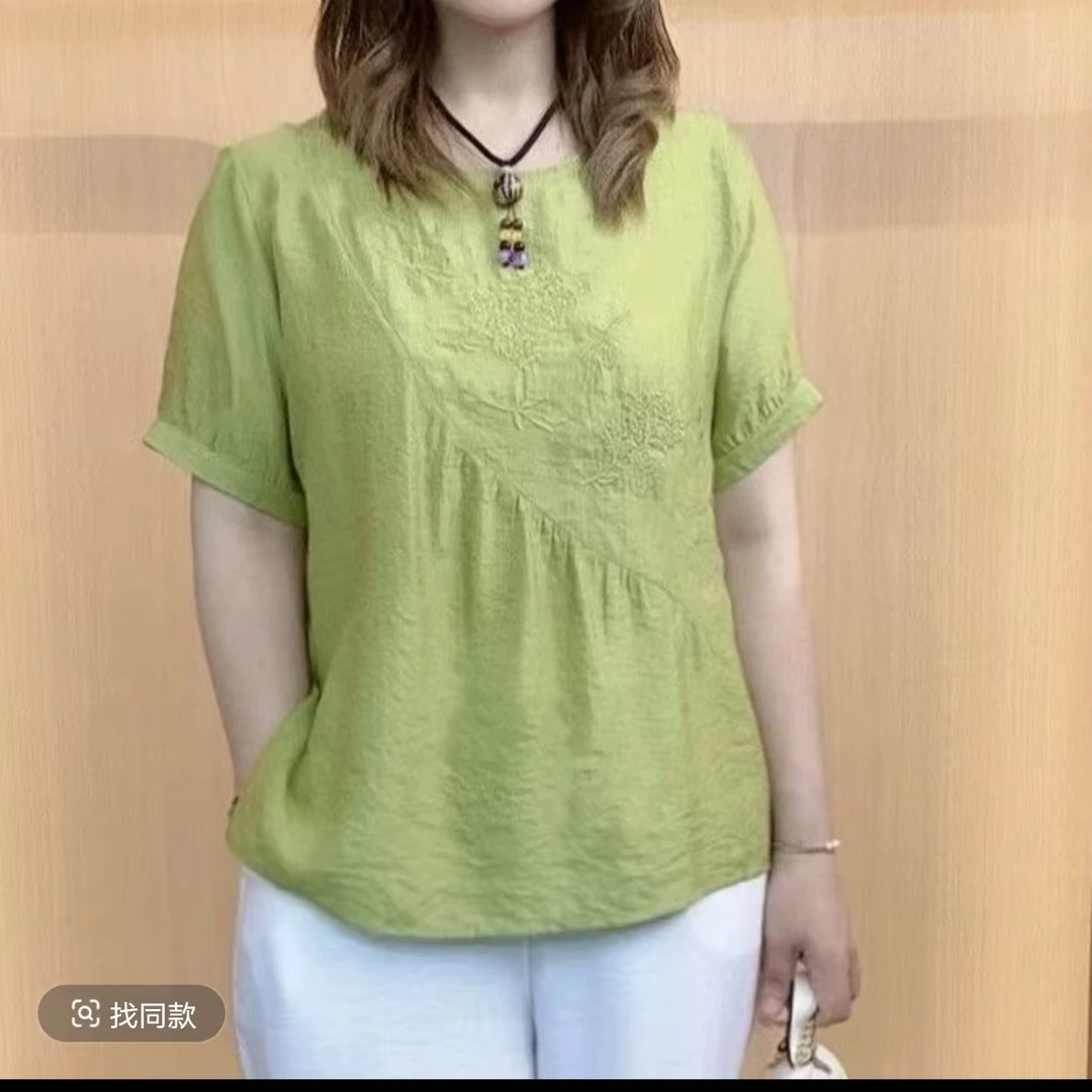 2025春季新款冰丝刺绣百搭宽松妈妈上衣小衫薄款起皱冰丝绉上衣女