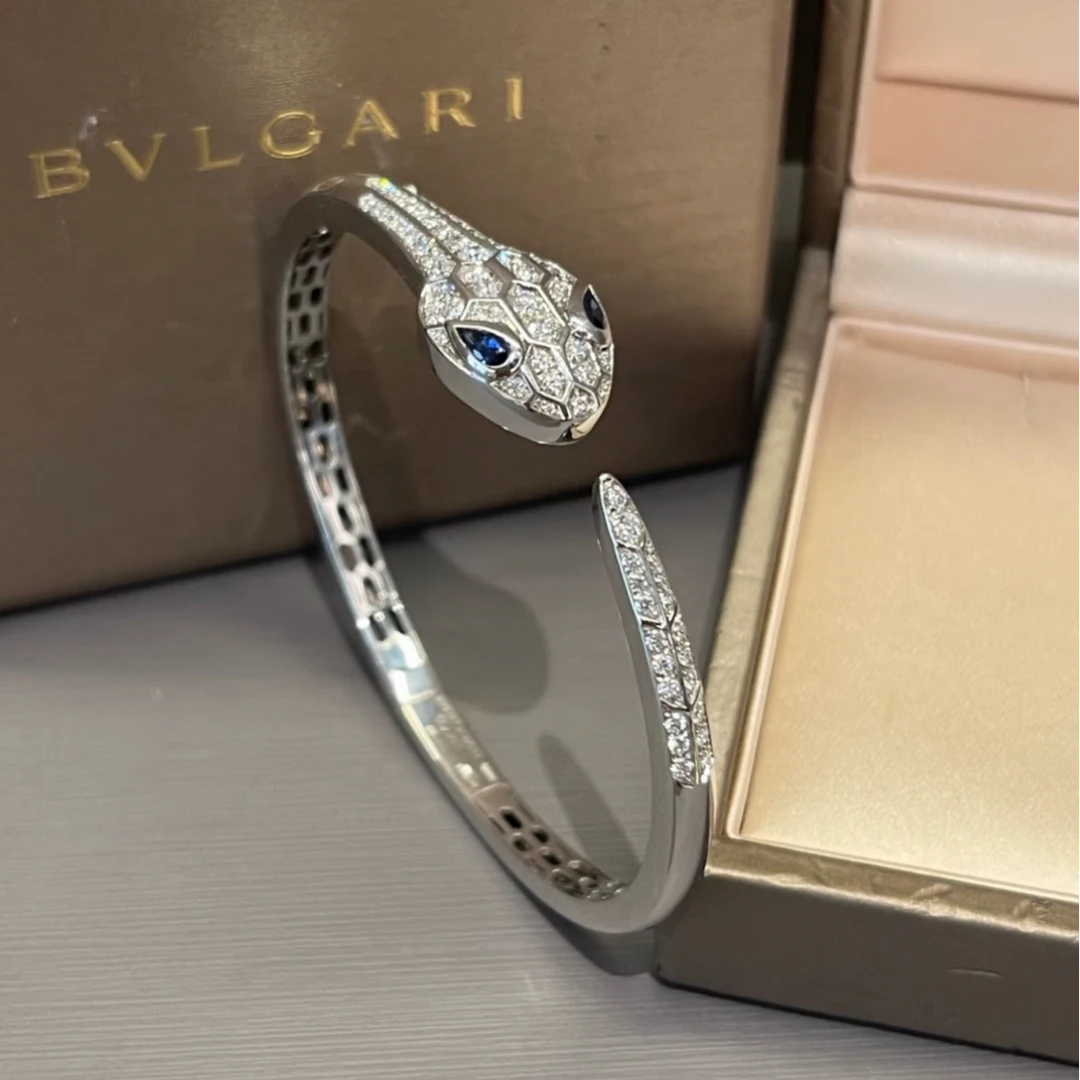 99新 BVLGARI/宝格丽 小花6珊 鎏光蛇影 蓝宝石 白金开口手镯 L码