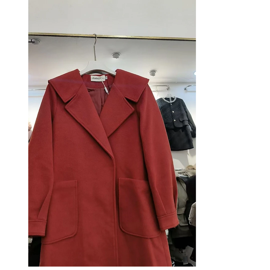 33#秋冬新款时尚百搭显瘦气质长款红色毛呢外套（没腰带）