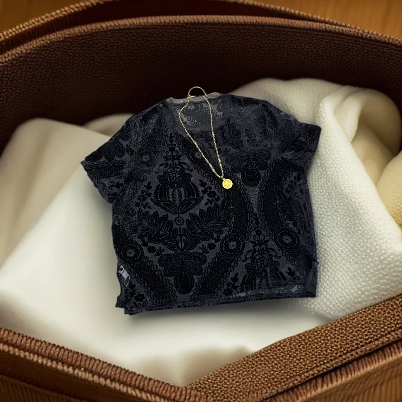 25872夏季黑色丝绒半袖